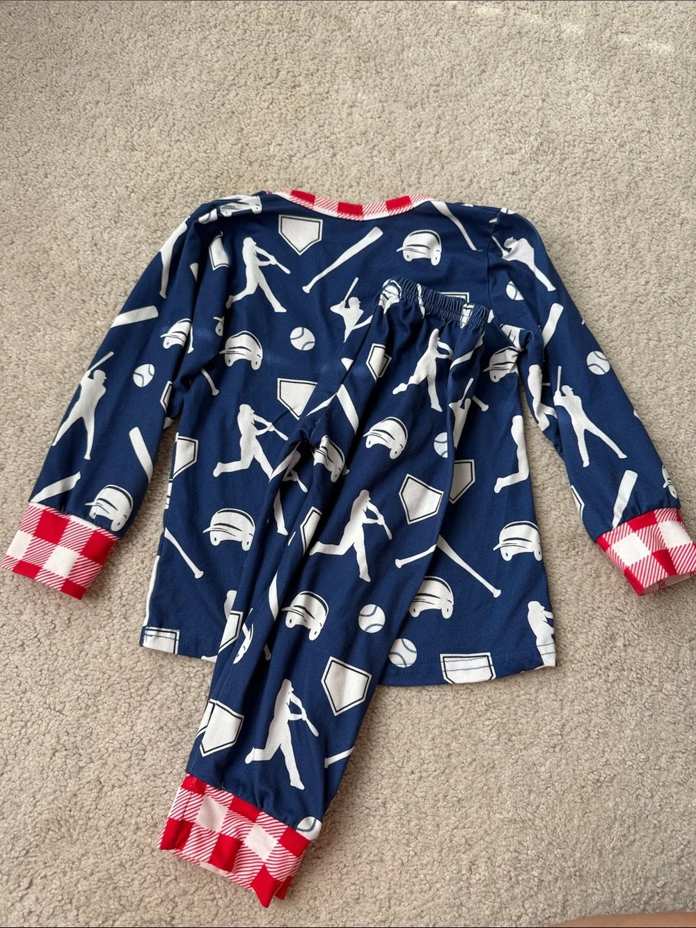 Navy Baseball Print Pajama Set with Red Gingham Trim